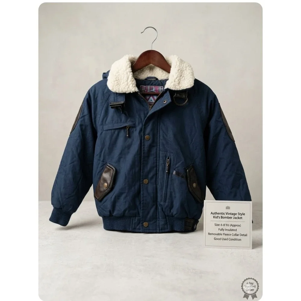 Mountain Reserve Kids Vintage Style Bomber Jacket Navy Blue Faux Leather Accents